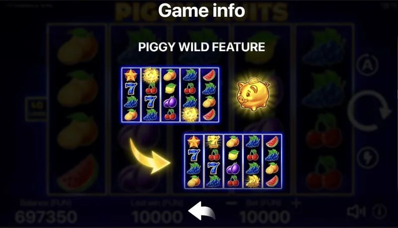Piggy Fruits - skrini ya mchezo yenye gridi ya 5x4 na alama za matunda
